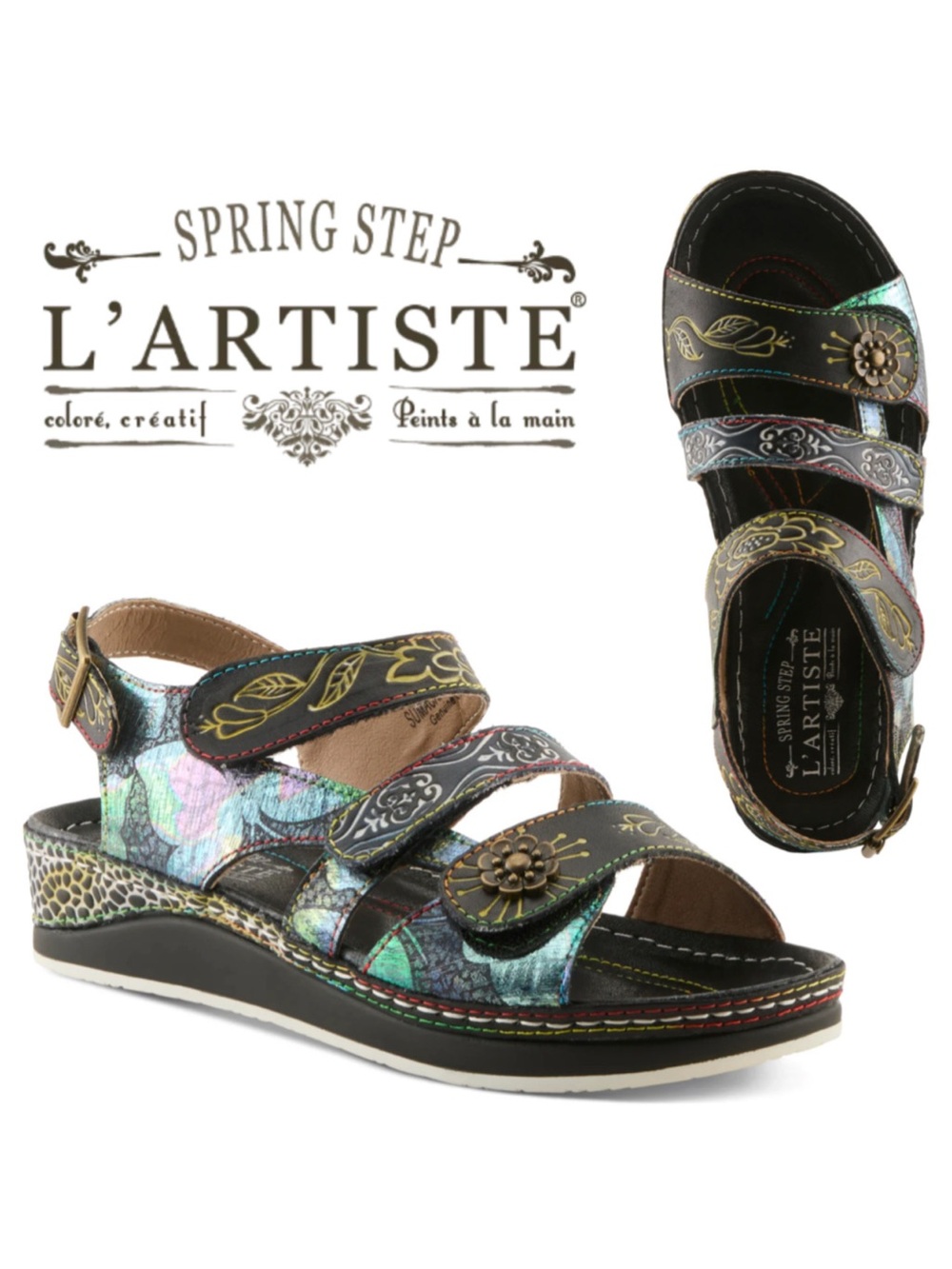 L'Artiste Hand-Painted Sumacah Floral Iridescent Leather Wedge Sandal 39 / 8.5